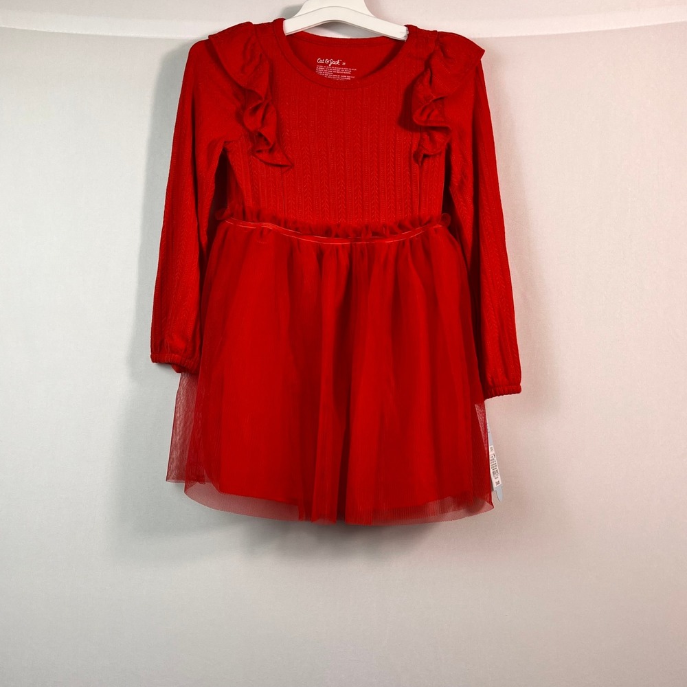 Cat & Jack Toddler Girls Red Ruffle Tulle Skirt Pointelle Holiday Dress 3T NWT